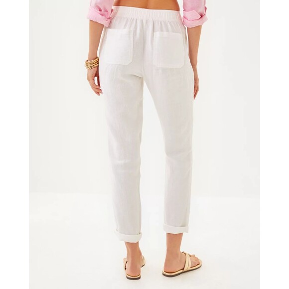 🌴 Lilly Pulitzer Womens White Linen Pants ~Elastic Waist Tapered Leg Size XS - Picture 3 of 7
